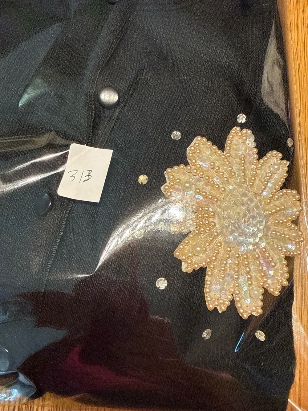 Vintage 1960s Black Women's Cardigan with Pearl and Sequin Floral Appliqué-S